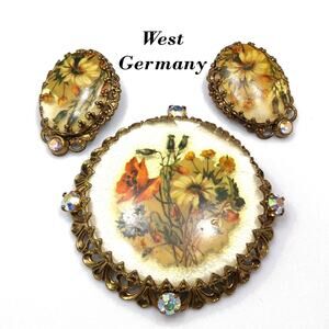 Vintage West Germany Floral Brooch Earring Set Filigree AB Rhinestones